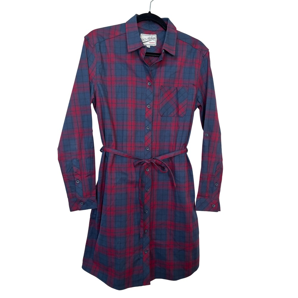 BC Clothing Woman Plaid Shirt Dress Navy Blue Red Long Sleeve Roll Tab Medium